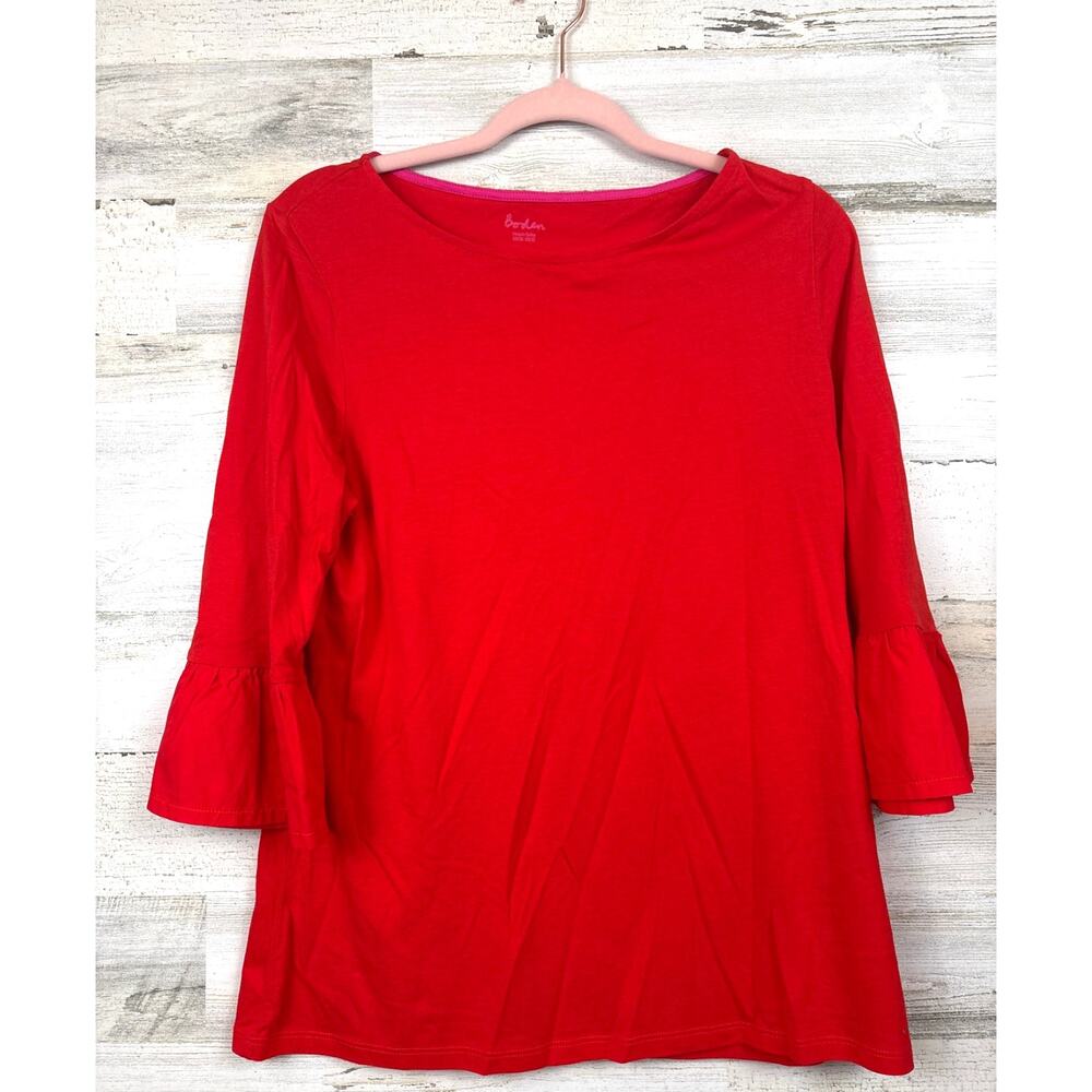 Boden Womens 12 Red Flounce Sleeve Cotton Casual 3 4 Sleeve Summer Top